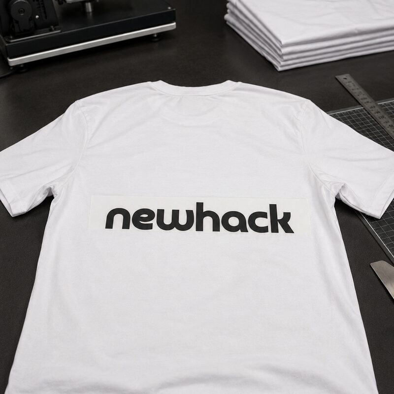 Camiseta branca personalizada com logo da empresa Newhack em preto